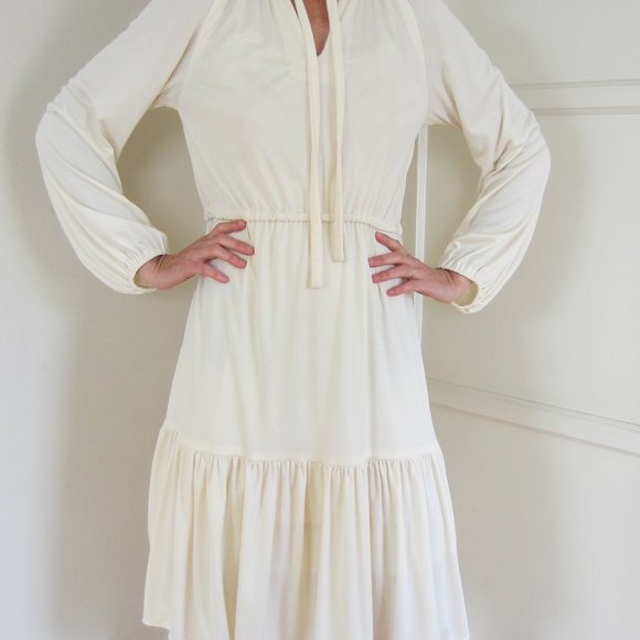 Vintage Cream Ivory Long Sleeve Dress Pintuck Polyester 1970s Medium - Picture 5 of 11